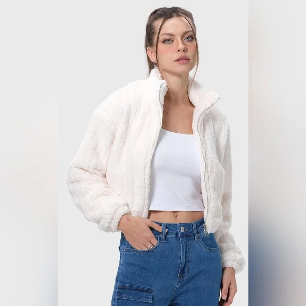 White Sherpa Fleece Zip Up Jacket | Cozy Teddy Jacket | Size L - Picture 2 of 5